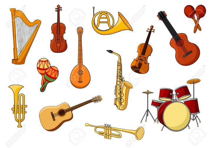 Jeu De Cartoon D'icônes Colorées D'instruments De Musique Avec Une Harpe,  Guitare, Violon, Batterie, Trompette, Sax, Des Hochets, Trombone Et Cor avec Jeu Des Instruments De Musique