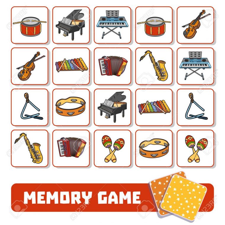 Jeu De Mémoire Pour Enfants D'âge Préscolaire, Cartes Vectorielles Avec  Instruments De Musique destiné Jeux De Memoire Pour Enfant