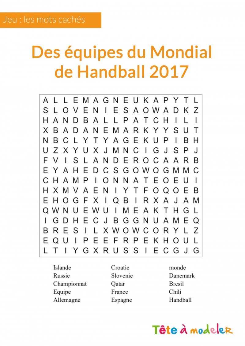 Jeu De Mots Cachés - Championnat Du Monde De Handball à Mots Croisés Enfants À Imprimer 