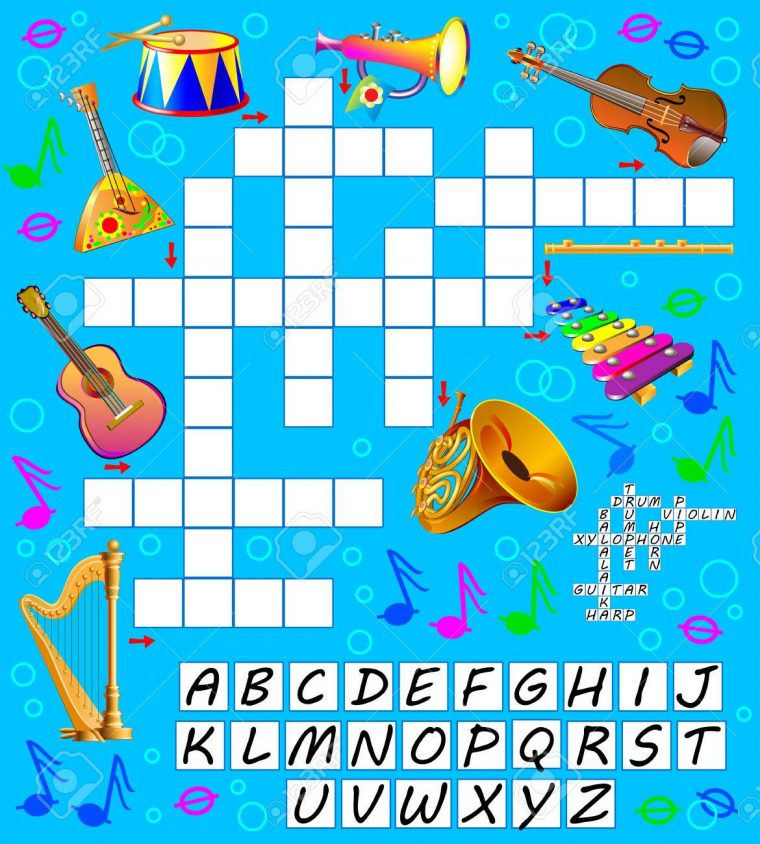 Jeu De Mots Croisés Avec Des Instruments De Musique. Page Éducative Pour  Les Enfants. Image De Dessin Animé De Vecteur. avec Jeu D Instruments