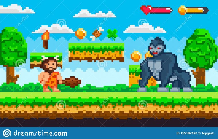 Jeu De Pixel Avec L'homme Des Cavernes Et Le Gorilla Vector pour Jeux De Gorille Gratuit