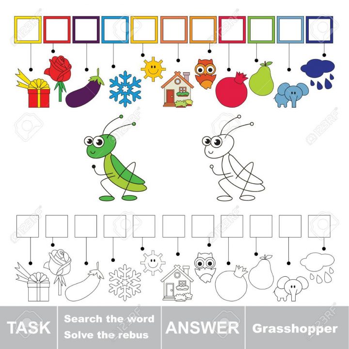 Jeu De Rebus De Vecteur Pour Les Enfants. Jeu Éducatif Facile D'enfant.  Niveau De Jeu Simple. Trouver Une Solution Et Écrire Le Mot Caché  Grasshopper. tout Rebus Enfant