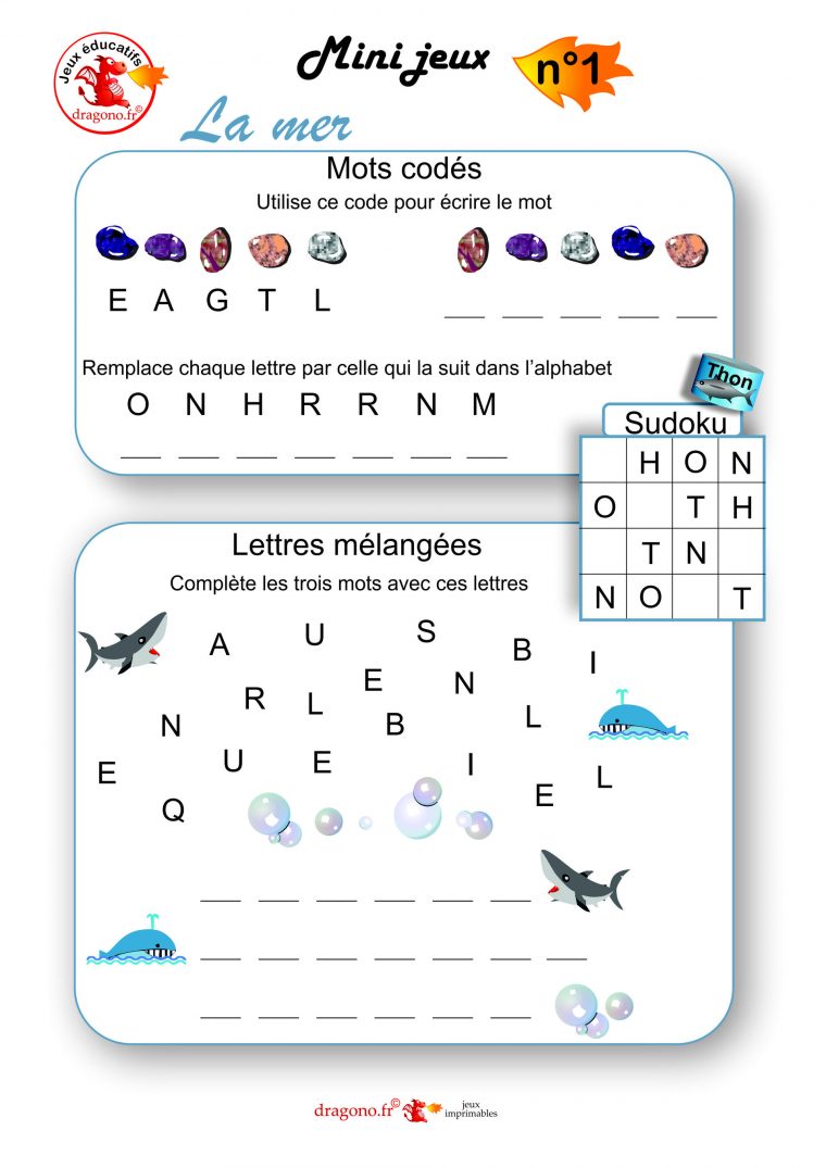 Jeux Éducatifs Sur La Mer – Dragono.fr tout Sudoku Lettres À Imprimer