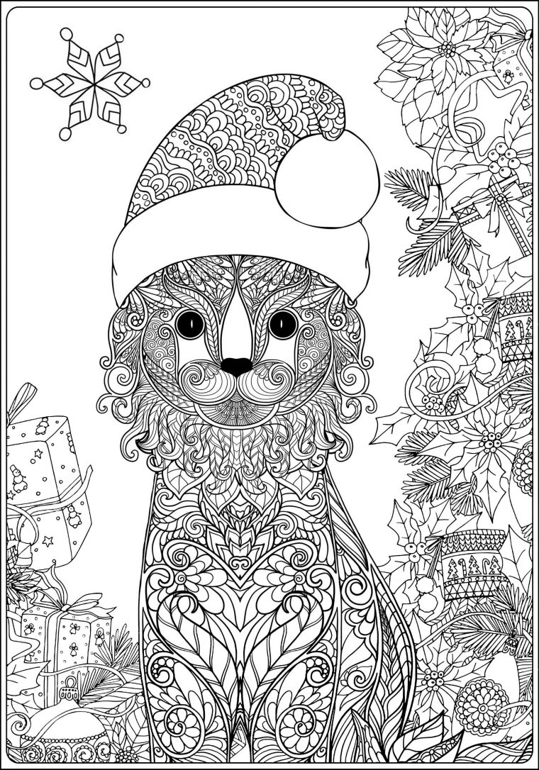 Joli Chat Et Son Chapeau De Père Noël – Noël – Coloriages dedans Coloriage De Chat De Noel