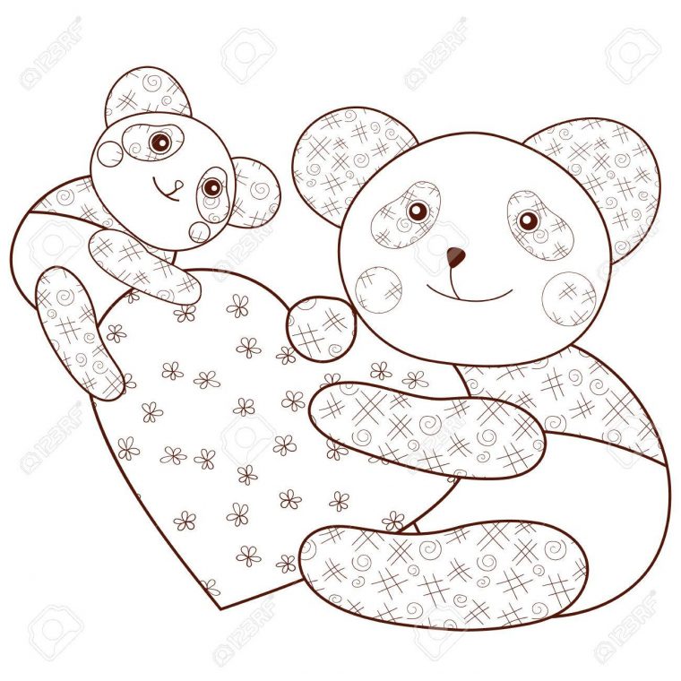 Kid Coloriage Livre Panda Mignon Avec Le Coeur Et Le Bébé Panda. Contour  Brown. Line Lunatiques Art Vector Illustration. destiné Panda À Colorier