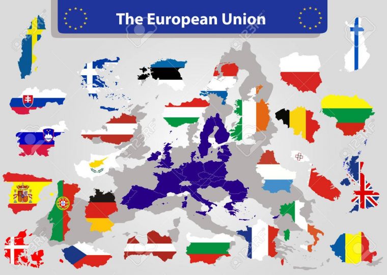 La Carte De L'union Européenne Et Tous Les Pays Drapeaux Des Pays Membres  De L'union Européenne Superposées Sur Fond De Carte avec Carte Des Pays Membres De L Ue