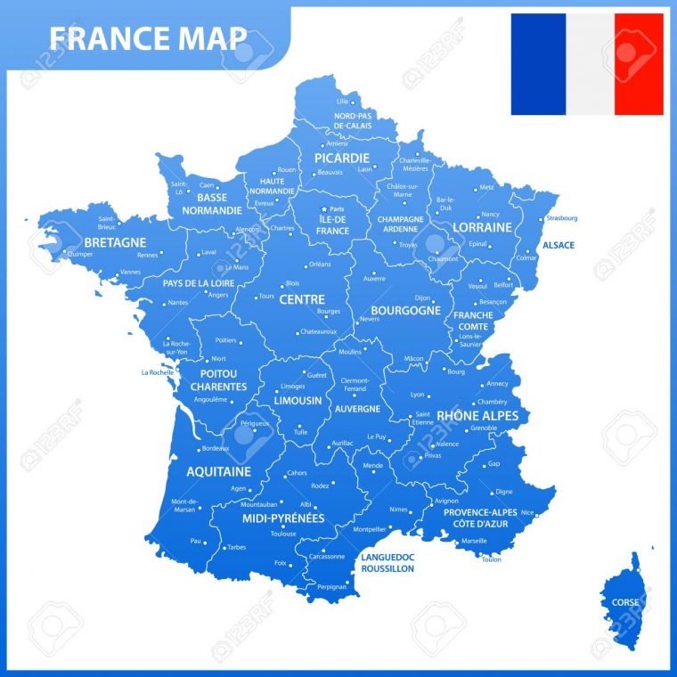 La Carte Détaillée De La France Avec Les Régions Ou Les États Et Les  Villes, La Capitale, Le Drapeau National avec Carte De La France Avec Les Régions