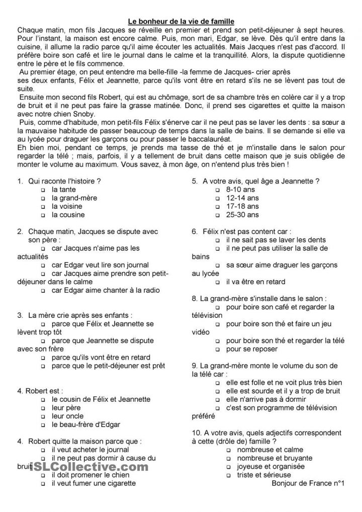 Le Bonheur De La Vie De Famille | Exercices De Compréhension intérieur Jeux Avec Des Questions