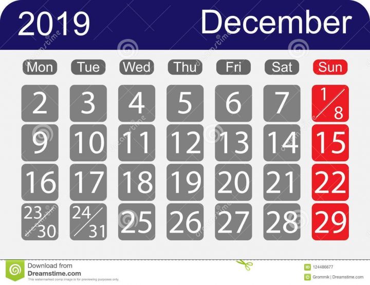 Le Calendrier 2019, Le Mois De Décembre, Une Semaine Avec Un encequiconcerne Calendrier 2019 Avec Semaine