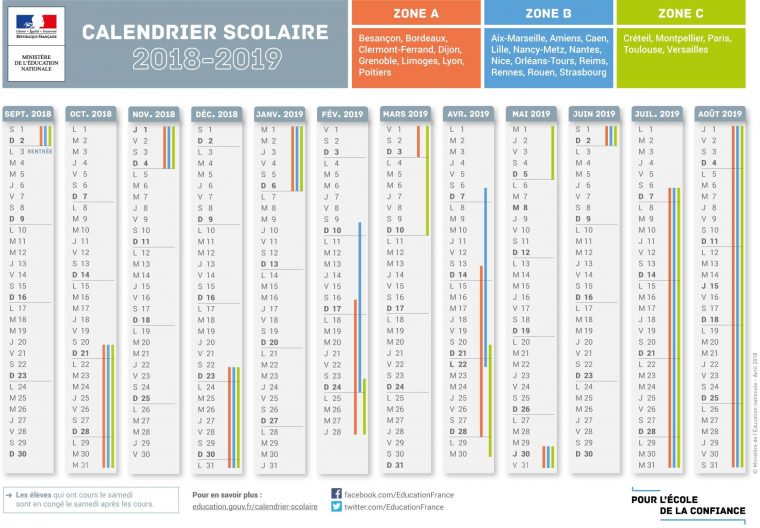 Le Calendrier Scolaire 2018-2019 Avec Les Vacances Des Zones à Calendrier Annuel 2018 À Imprimer