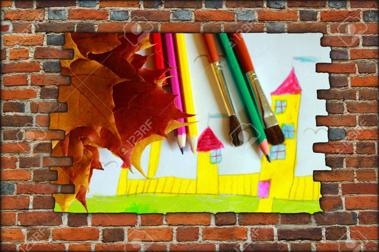 Le Dessin De Feuilles De Maison Et D&amp;#039;automne Mur De Briques Cassé Et  Afficher Des Enfants pour Casse Brique Enfant 