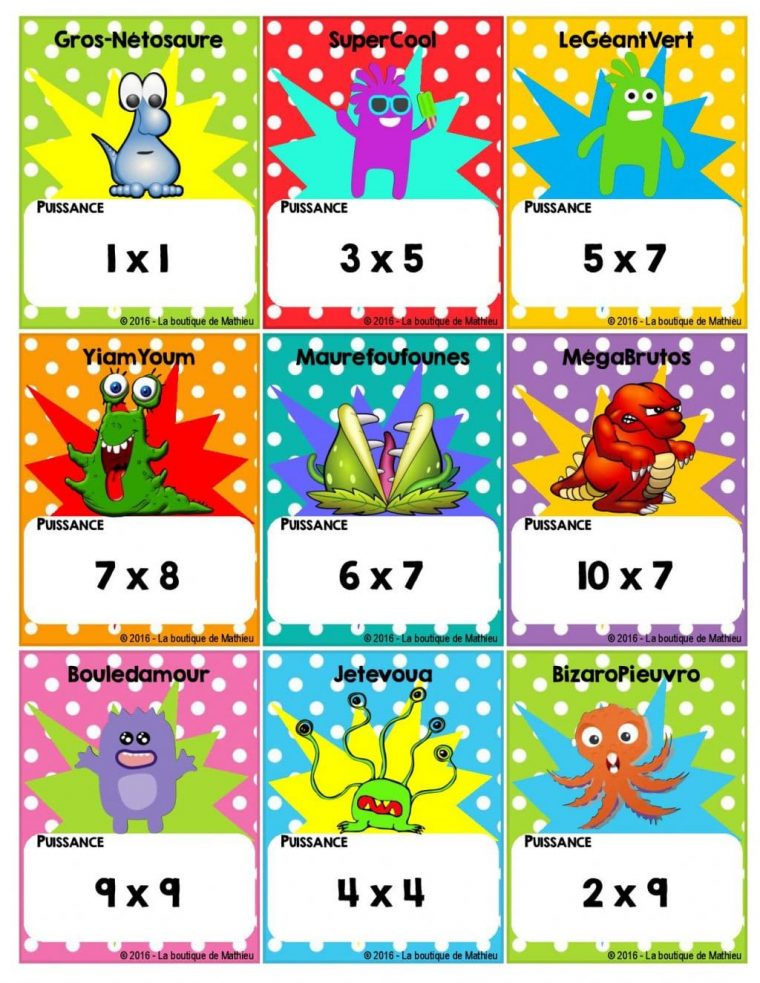 Le Jeu De Bataille Des Monstres – Multiplications – Jeu De Cartes dedans Tables De Multiplication Jeux À Imprimer