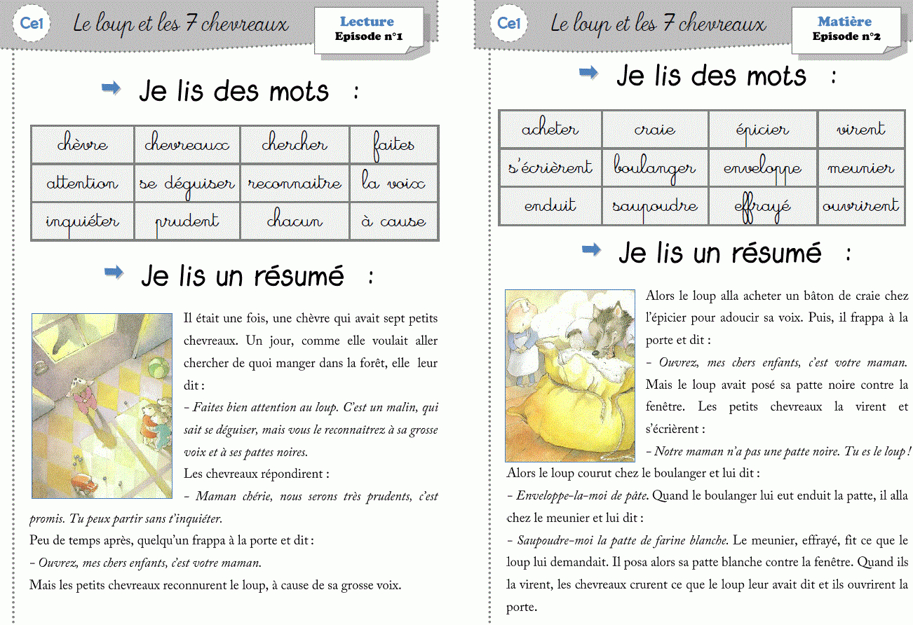 Lecture / Littérature Cp-Ce1 : Le Loup Et Les 7 Chevreaux destiné Fiche Français Ce1 Imprimer