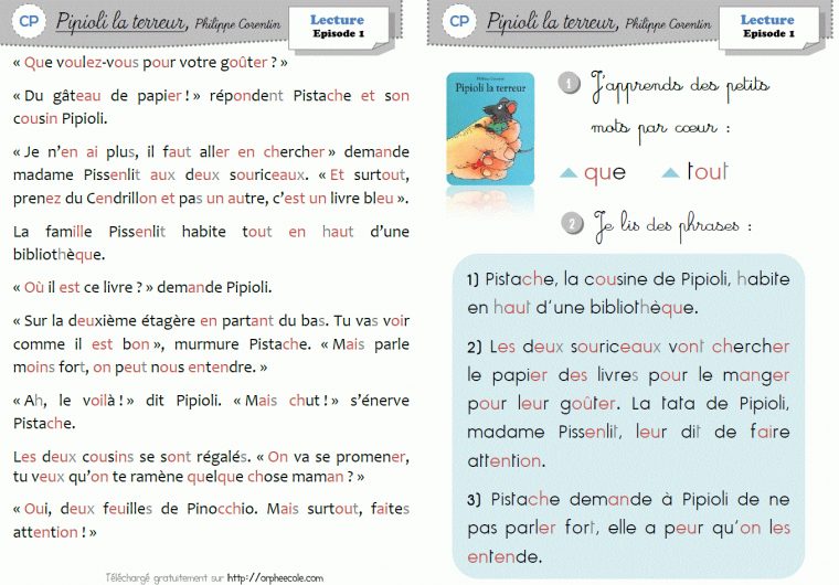 Lecture / Littérature Cp Et Ce1 – Pipioli La Terreur (P.3 concernant Fiche Français Ce1 Imprimer