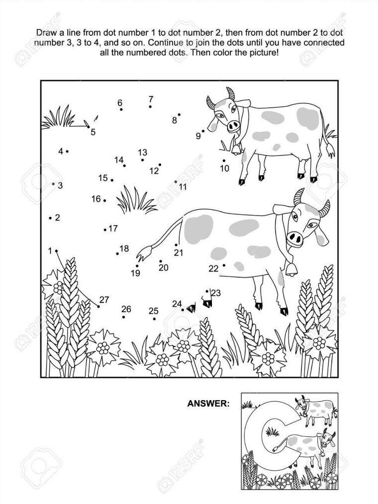 L'éducation Relier Les Points Image Puzzle Et De Coloriage Page – Lettre C,  Les Vaches Et Les Bleuets Traitée Inclus à Point À Relier Alphabet