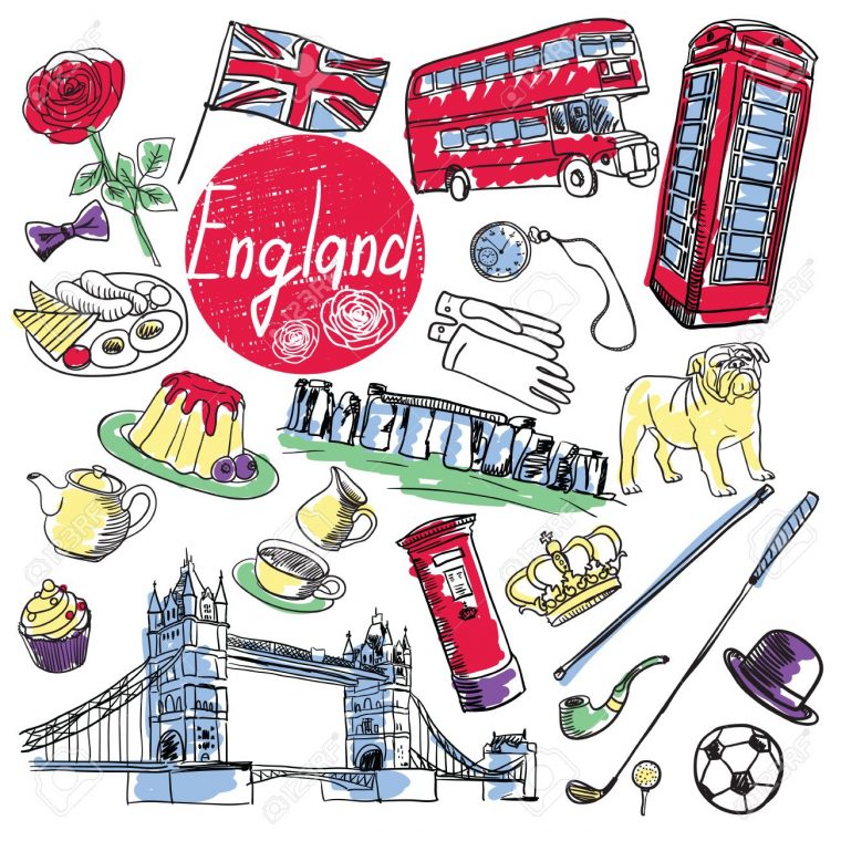 Les Attractions Touristiques De L'angleterre Vector Set. Dessin À La Main. destiné Dessin De Angleterre