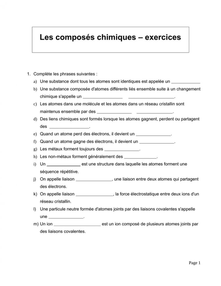 Les Composés Chimiques – Exercices avec Exercice Chiffre Romain