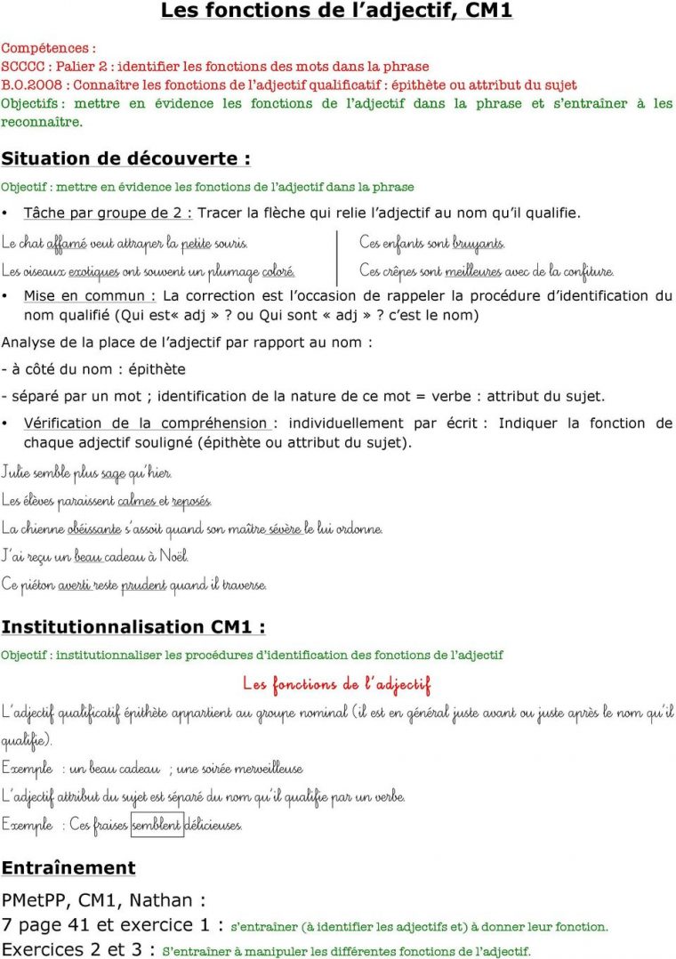 Les Fonctions De L Adjectif, Cm1 – Pdf Téléchargement Gratuit concernant Exercice Cm1 Gratuit