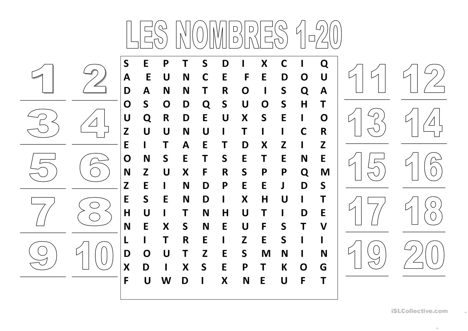 Les Nombres 1-20 (Mots Croisés) - Français Fle Fiches destiné Mots Croisés Pour Débutants À Imprimer 