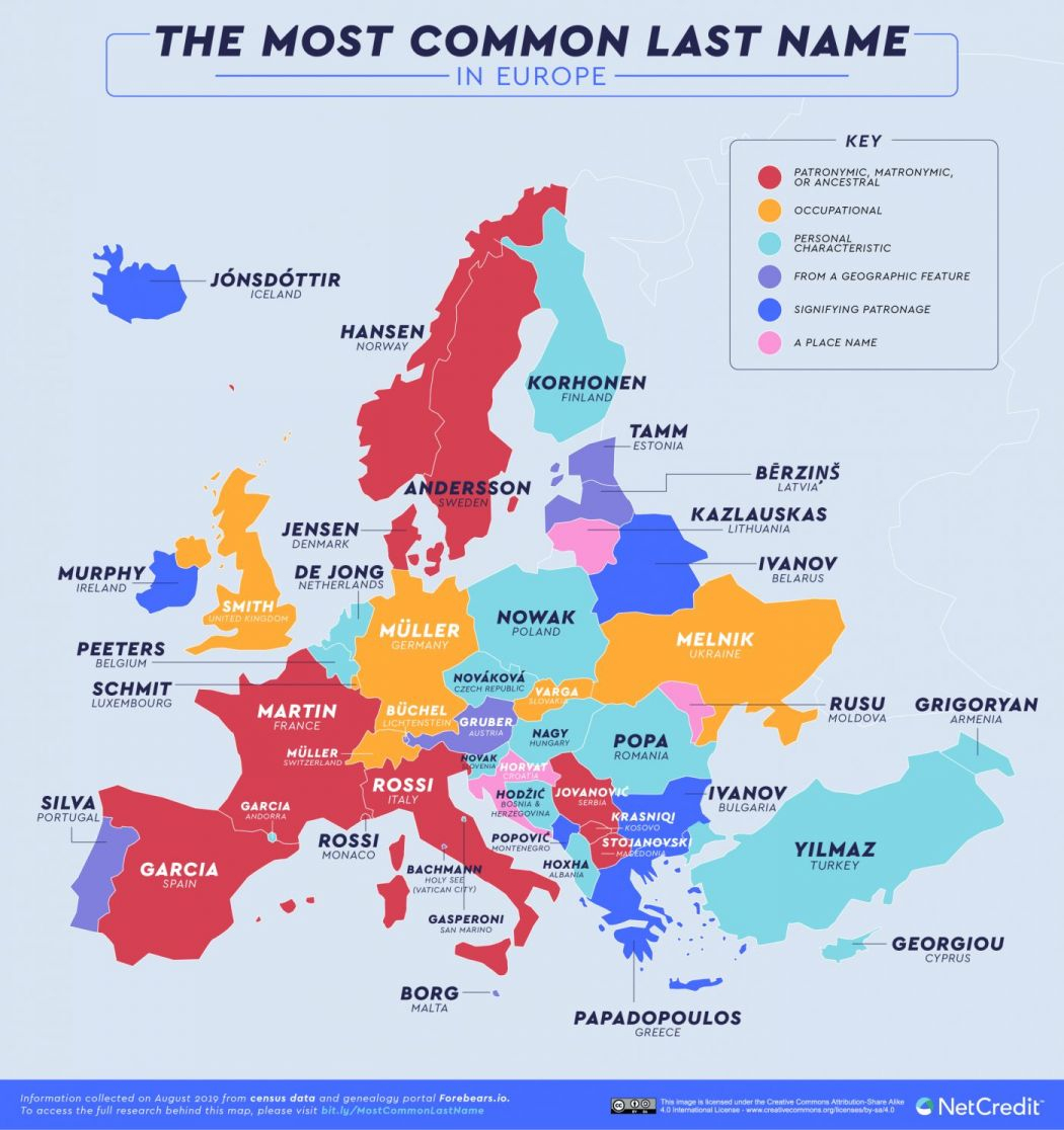 Les Noms De Famille Les Plus Utilisés Dans Chaque Pays avec Carte Des Pays D Europe