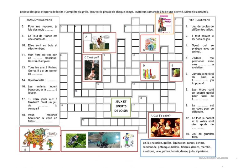 Lexique Des Jeux Et Sports De Loisirs – Français Fle Fiches à Jeux De Mots Enfants