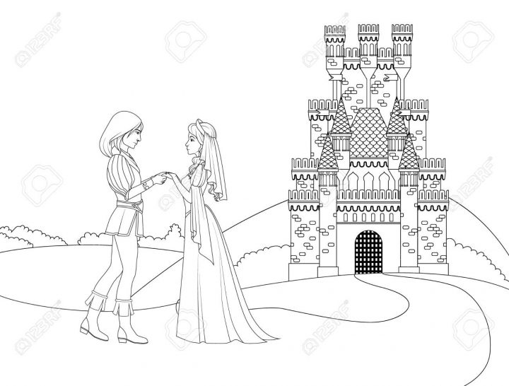 Livre De Coloriage: Prince Et Princesse Devant Le Château serapportantà Chateau Princesse Dessin