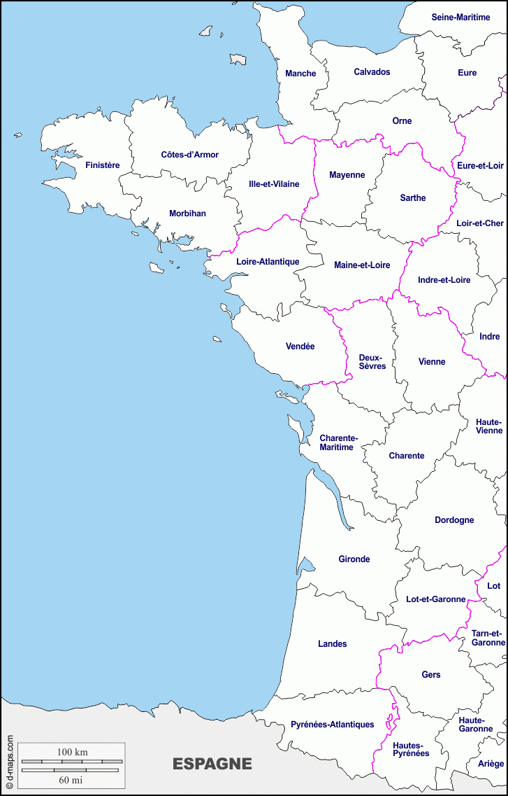 L&amp;#039;ouest Atlantique Carte Géographique Gratuite, Carte dedans Carte Vierge De La France 