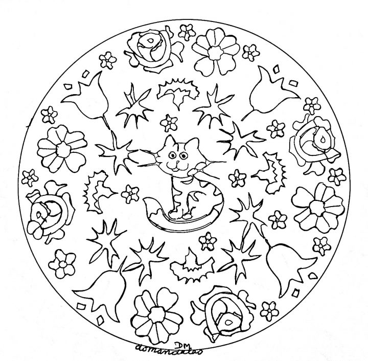 Mandala Facile Petit Chat Et Fleurs – Coloriage Mandalas destiné Mandala À Imprimer Facile