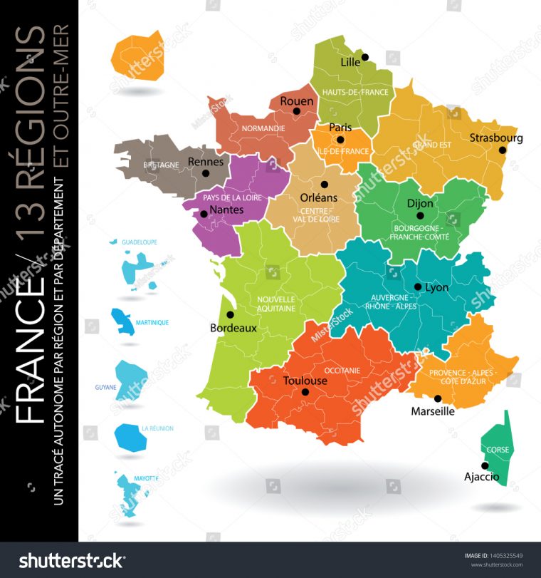 Map 13 French Regions 5 Overseas Stok Vektör (Telifsiz intérieur Les 13 Régions