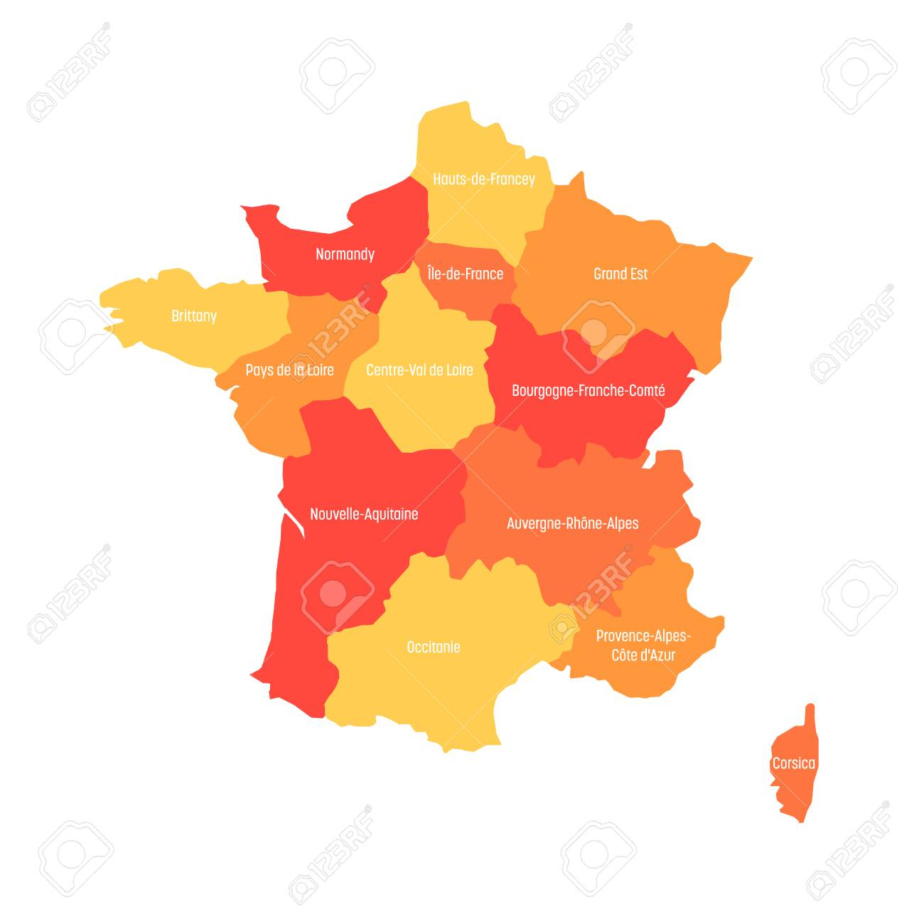 Map Of France Divided Into 13 Administrative Metropolitan Regions, Since  2016. Warm Colors. Vector Illustration. à 13 Régions Françaises