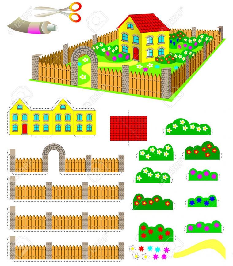 Modèle Avec L'exercice Pour Les Enfants. Utilisation Des Ciseaux Et De La  Colle Doivent Faire Maison De Jouet Avec Jardin. Développer Les Compétences dedans Decoupage Pour Enfant