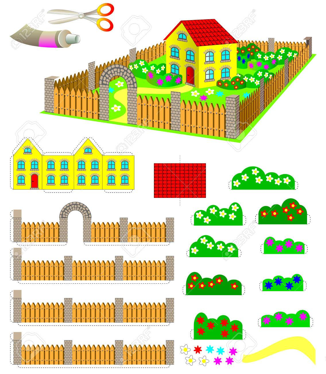 Modèle Avec L&amp;#039;exercice Pour Les Enfants. Utilisation Des Ciseaux Et De La  Colle Doivent Faire Maison De Jouet Avec Jardin. Développer Les Compétences dedans Decoupage Pour Enfant 