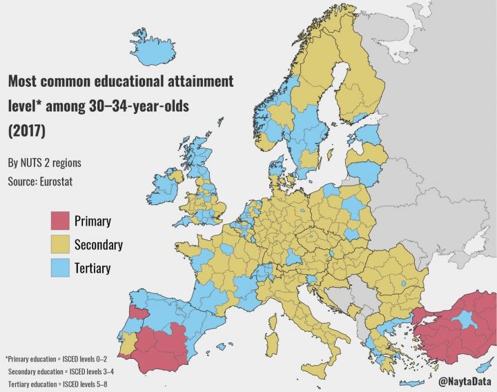 Most Common Educational Attainment Level Among 30–34-Year dedans Carte Europe 2017