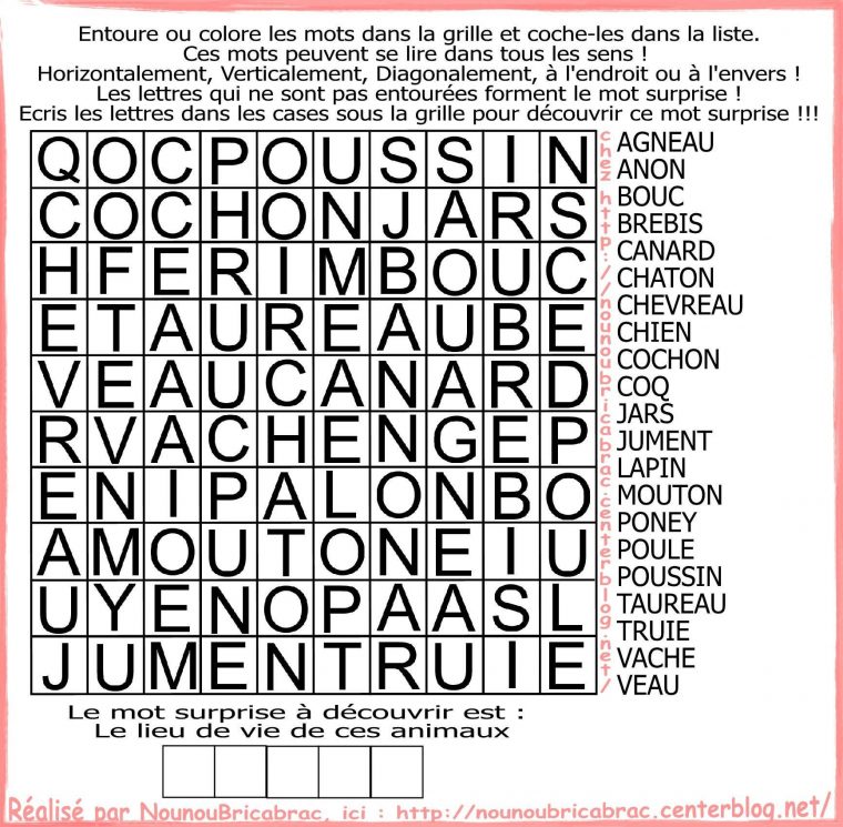 Mots Cachés Pour Enfants… Thème : Animaux Domestiques serapportantà Mots Croisés Enfants À Imprimer