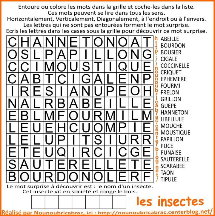 Mots Cachés Pour Enfants… Thème : Les Insectes – Mots Cachés Cp avec Mots Croises Enfants