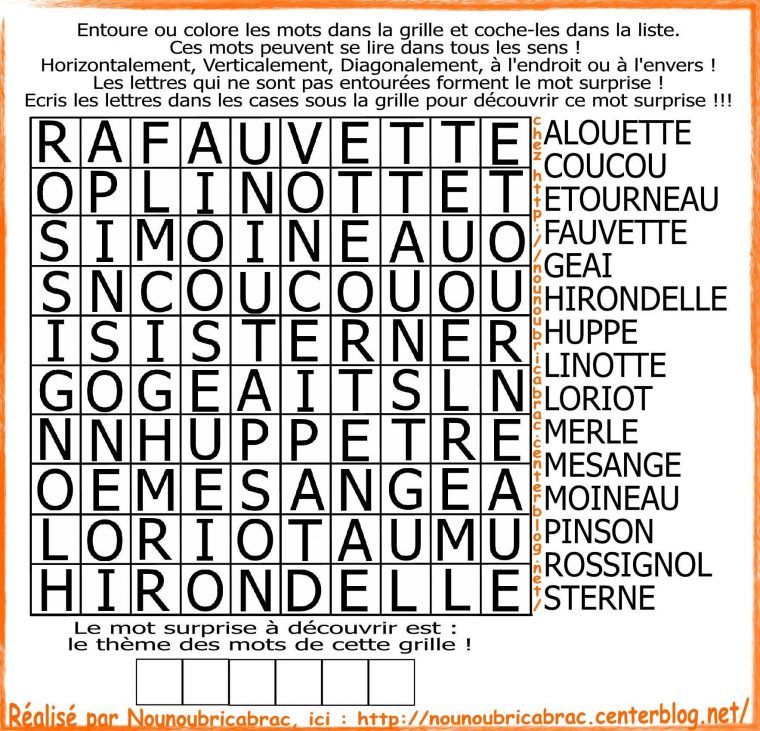 Mots Cachés Pour Enfants… Thème : Oiseaux *1* – Mots Caches à Mots Croisés Enfants À Imprimer