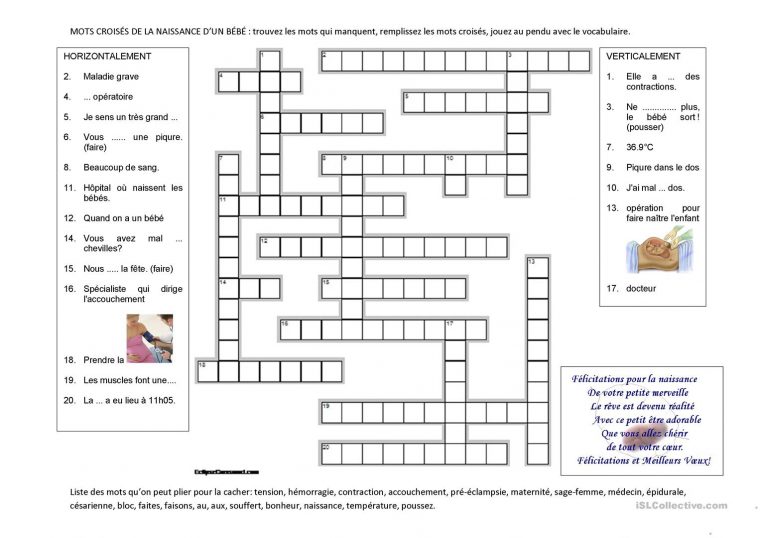 Mots Croisés De La Naissance – Français Fle Fiches Pedagogiques concernant Mots Croisés A Imprimer Gratuit