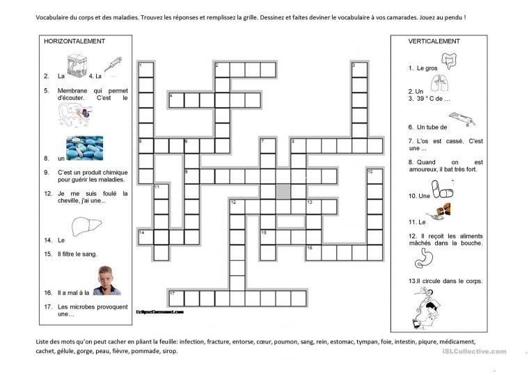 Mots Croisés Du Corps Et Des Maladies – Français Fle Fiches dedans Jeux De Mot Croiser