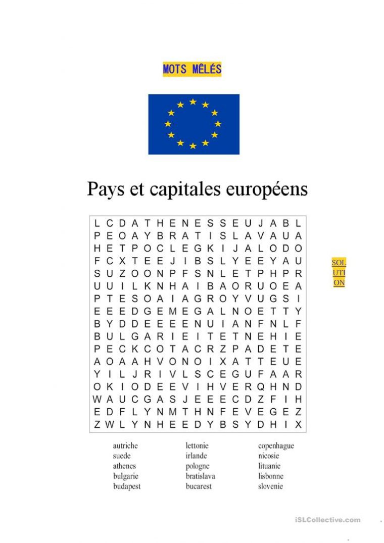 Mots Mêlés-Pays Et Capitales Européens – Français Fle Fiches à Mots Mélés À Imprimer Cm1