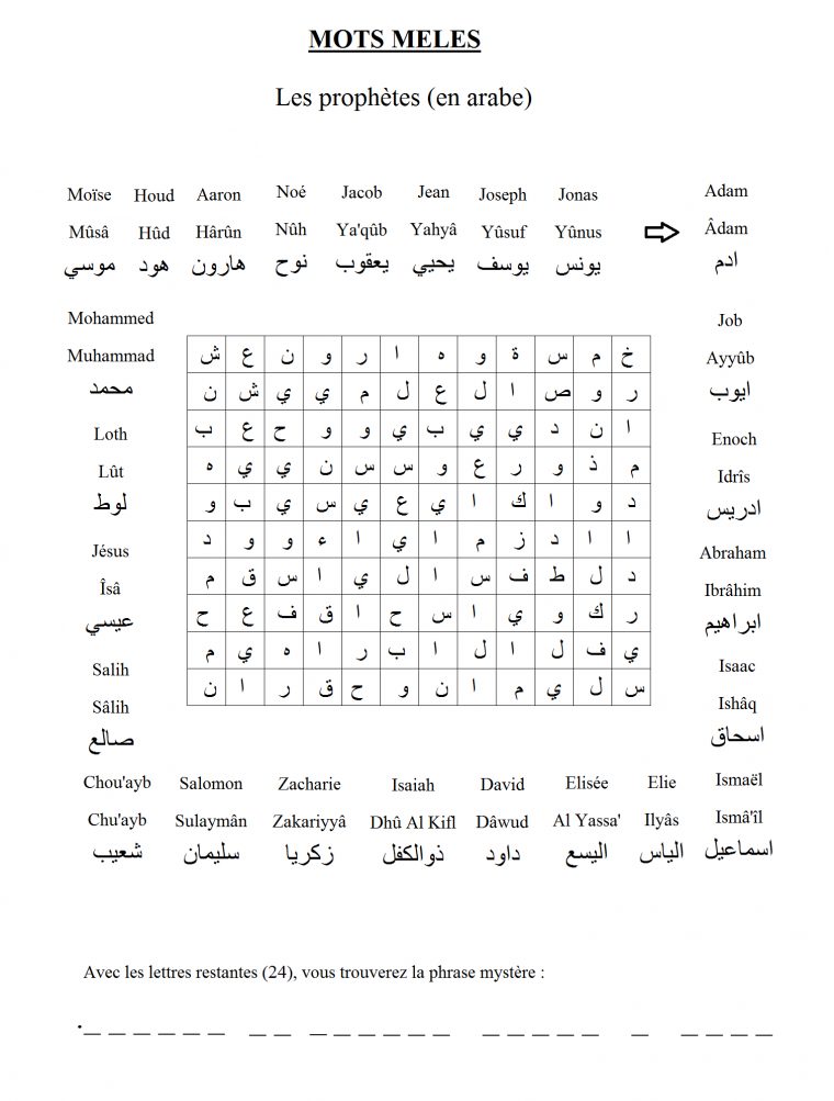 Mots Mélés Sur Le Thème Des Prophètes (Noms En Arabe). Créé serapportantà Mots Fleches Niveau 1