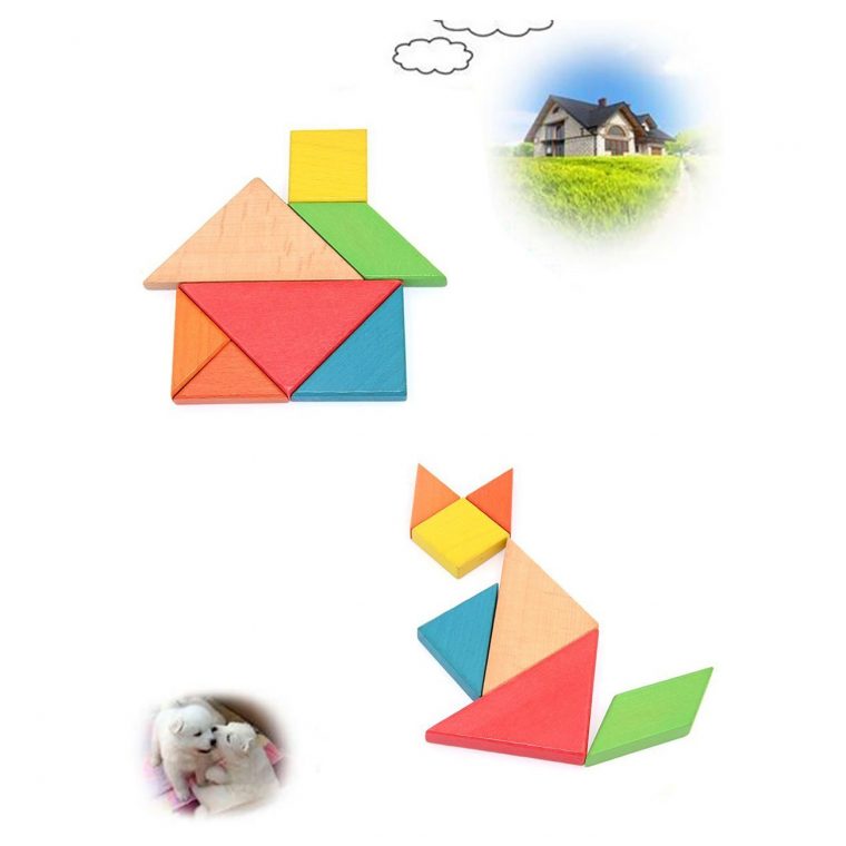 New Colorful Wooden Tangram For Kids Seven Geometric Shapes avec Pièces Tangram