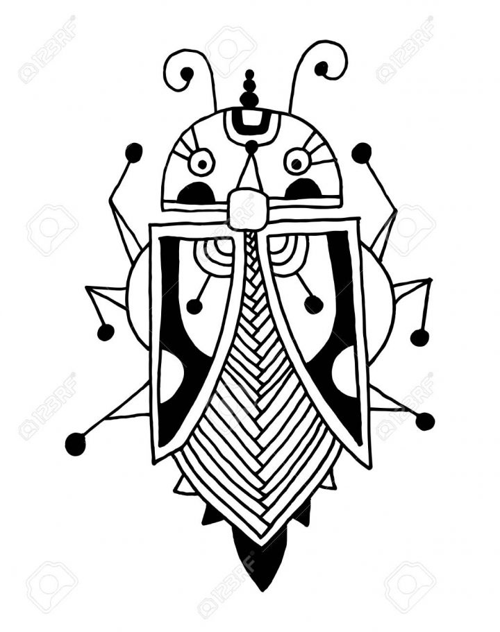 Noir Et Blanc Dessin À La Main De Doublure Du Scarabée Ethnique Dans Un  Style Plat, Conception D'art En Ligne, Insecte Croquis Moderne Illustration à Dessin Scarabée