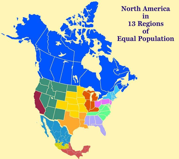 North America In 13 Regions Of Equal Population : Map destiné Les 13 Régions