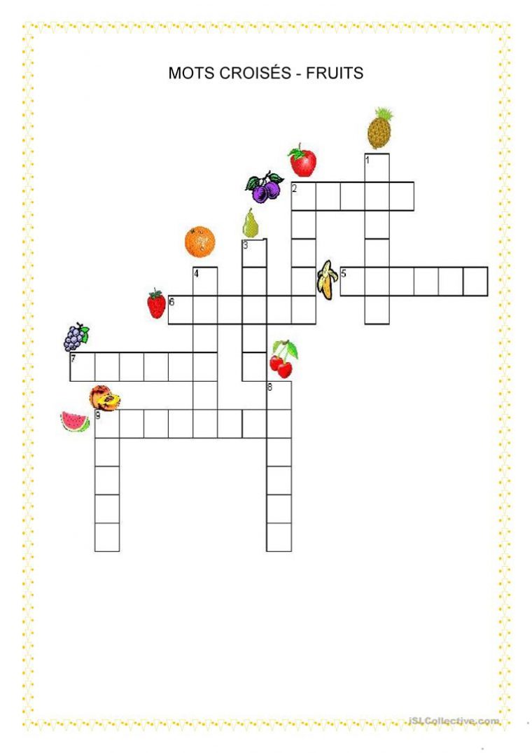 Nourriture – Fruits Mots Croisés – Français Fle Fiches à Mots Croisés Faciles À Imprimer Gratuitement