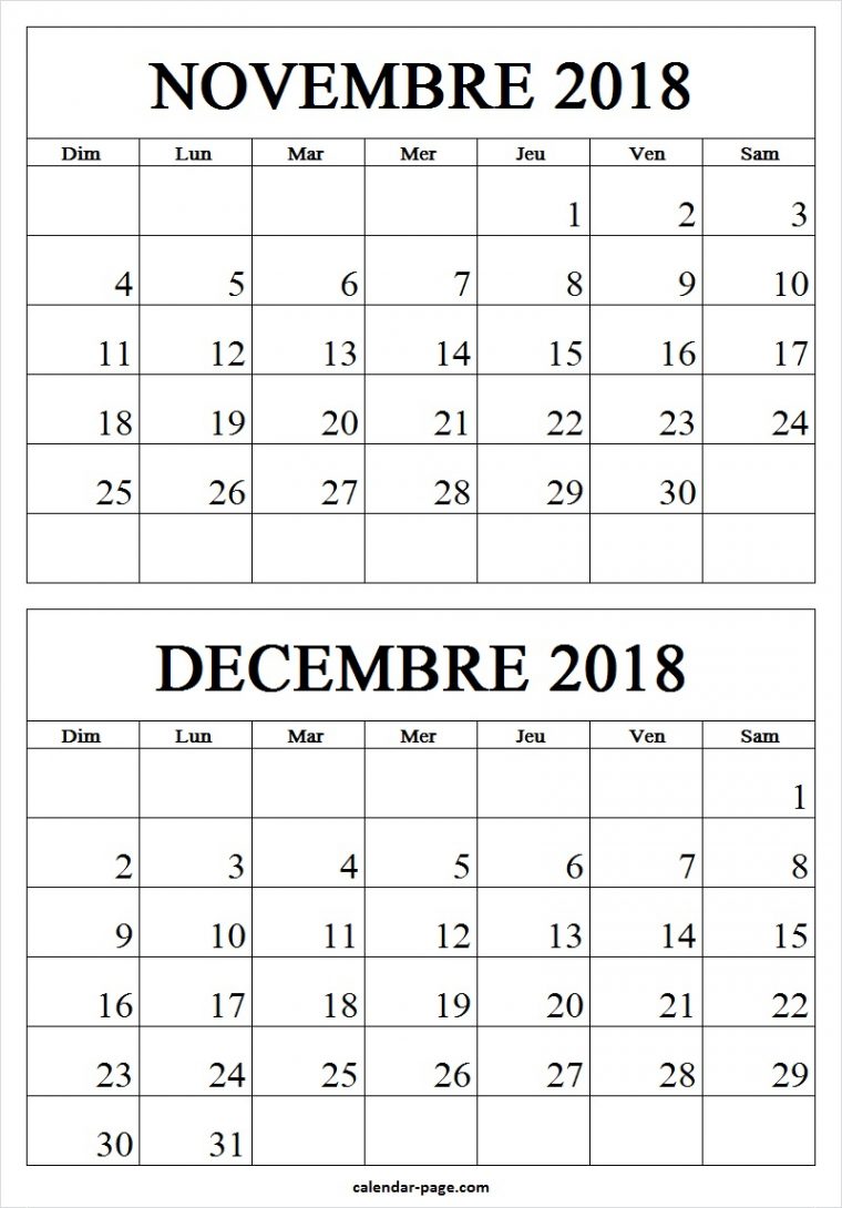 Novembre Decembre 2018 Calendrier | Calendrier Mensuel 2018 à Calendrier Mensuel 2018 À Imprimer