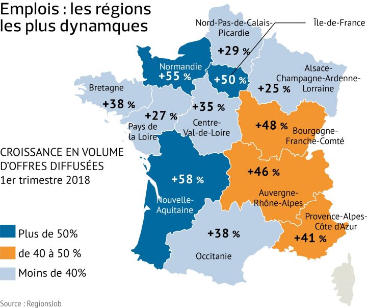 Offres D'emploi: Les Régions Françaises Les Plus Dynamiques concernant Nombre De Régions En France 2017