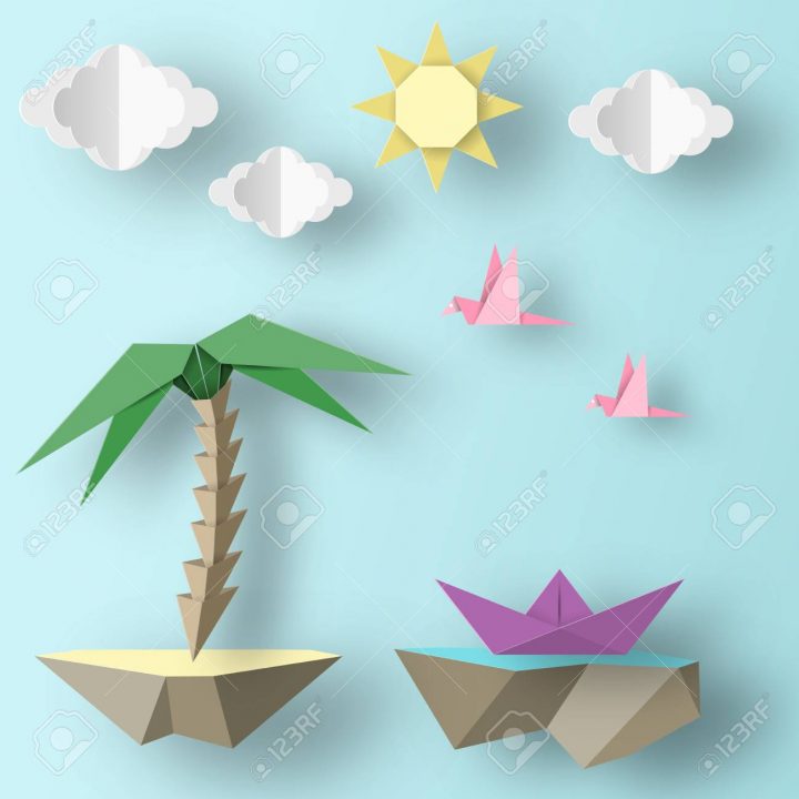 Oiseaux Coupés, Bateau, Palmier, Nuages ??et Papier De Style Origami  Fabriqués Par Word. Découpe Fait Des Éléments Et Des Symboles Pour La  Bannière, tout Decoupage Papier Facile