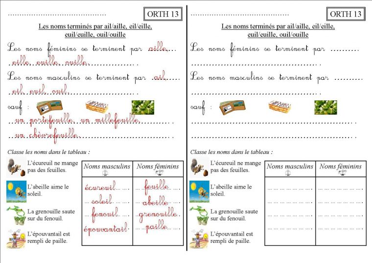 Orth 13 Ce2 : Les Noms Terminés Par Ail/aille, Eil/eille tout Cours Ce2 A Imprimer