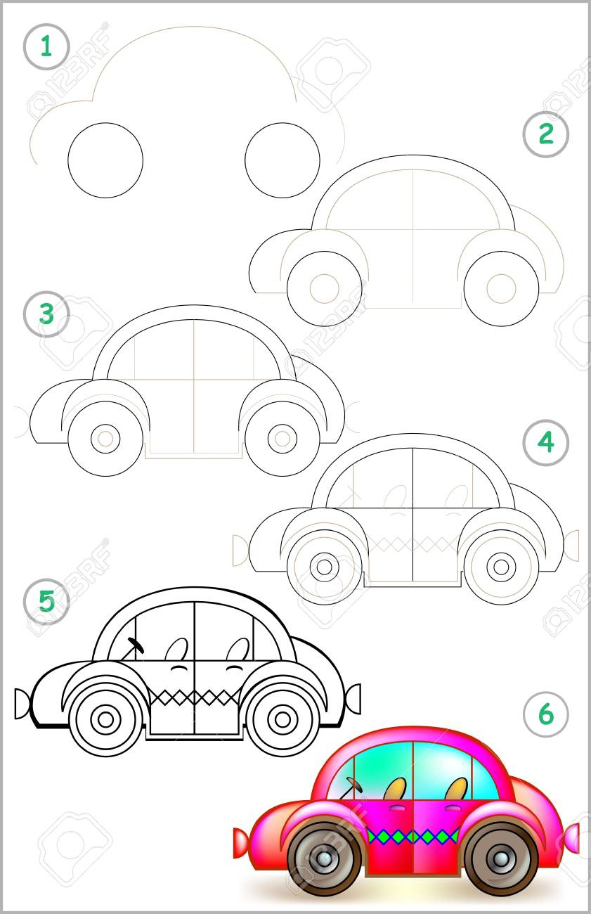 Page Montre Comment Apprendre Étape Par Étape À Dessiner Une Voiture.  Développer Les Compétences Des Enfants Pour Dessiner Et Colorier. Image encequiconcerne Apprendre A Dessiner Une Voiture