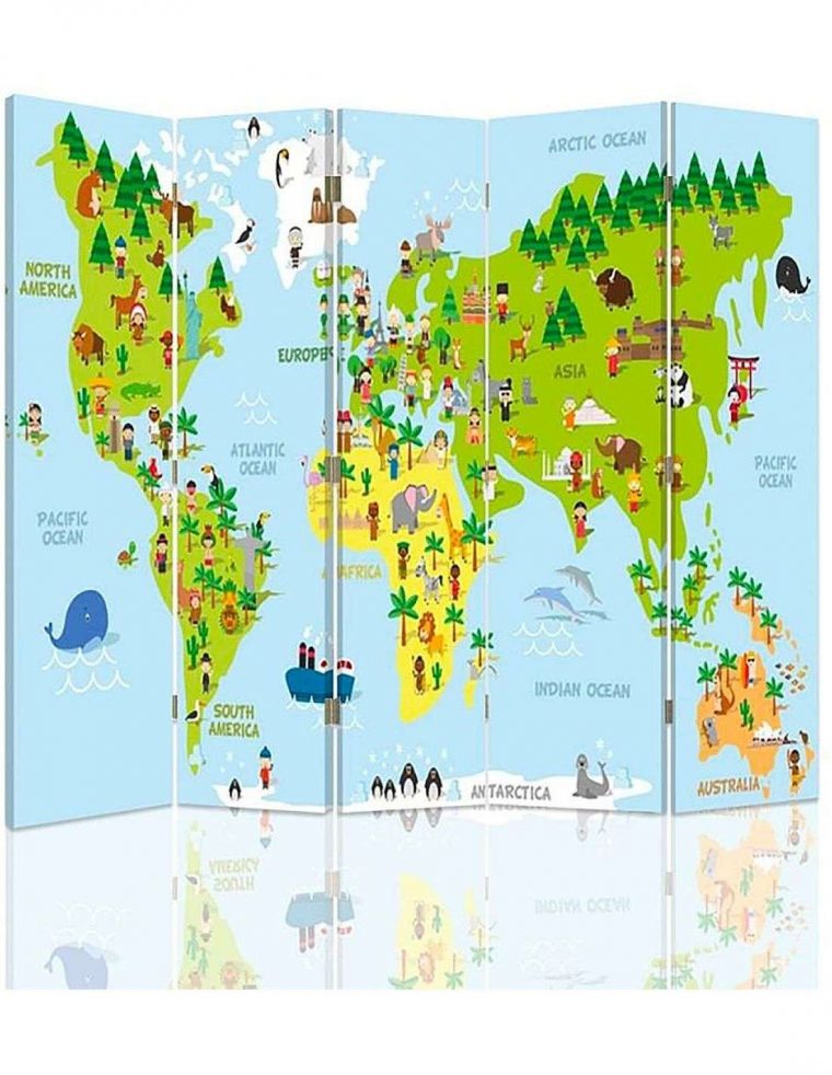 Paravent 5 Volets Carte Du Monde Pour Les Enfants 180 X 150 Cm – 1 Face Déco pour Carte Du Monde Enfant